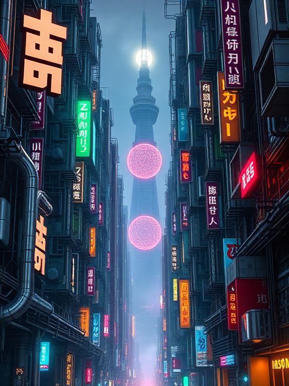 Foggy cyberpunk Tokyo street lined with glowing neon signs leading to a tall futuristic broadcast tower