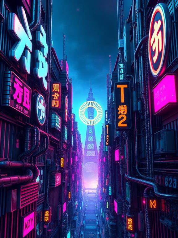 Cyberpunk city street lined with glowing neon signs leading to a futuristic Eiffel Tower at twilight