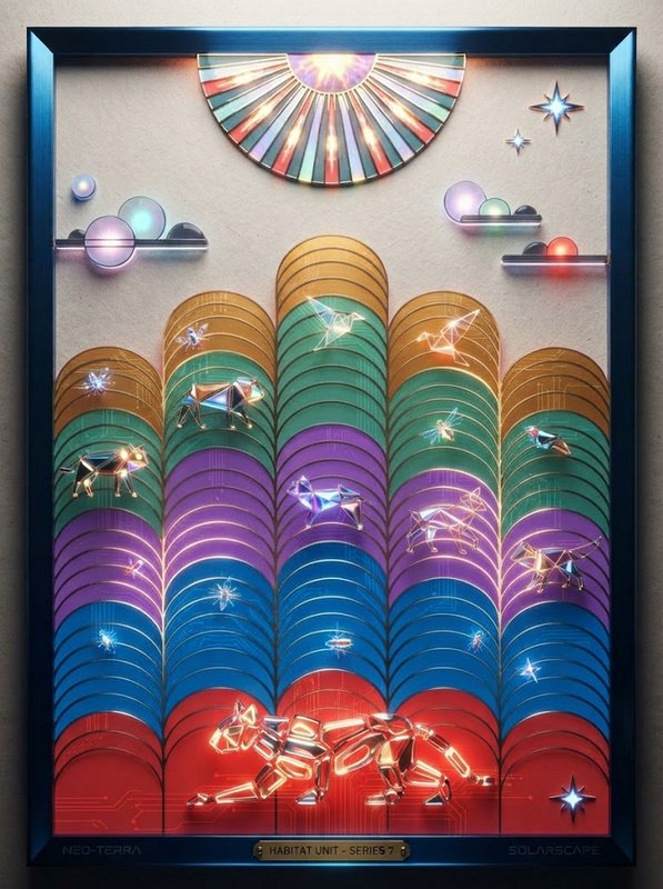Framed retro-futuristic habitat artwork with glowing faceted geometric animals and layered scalloped rainbow mountains
