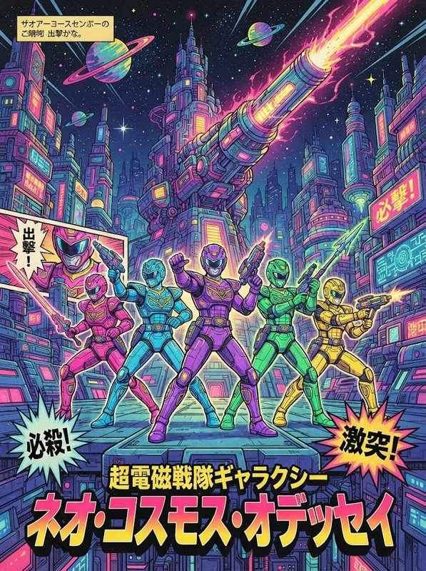 Multicolored sentai superhero team poses for battle in a neon cyberpunk space city
