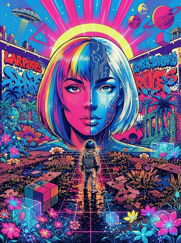 Astronaut stands on a glowing tiled path facing a giant split human-android portrait in a vibrant psychedelic alien world