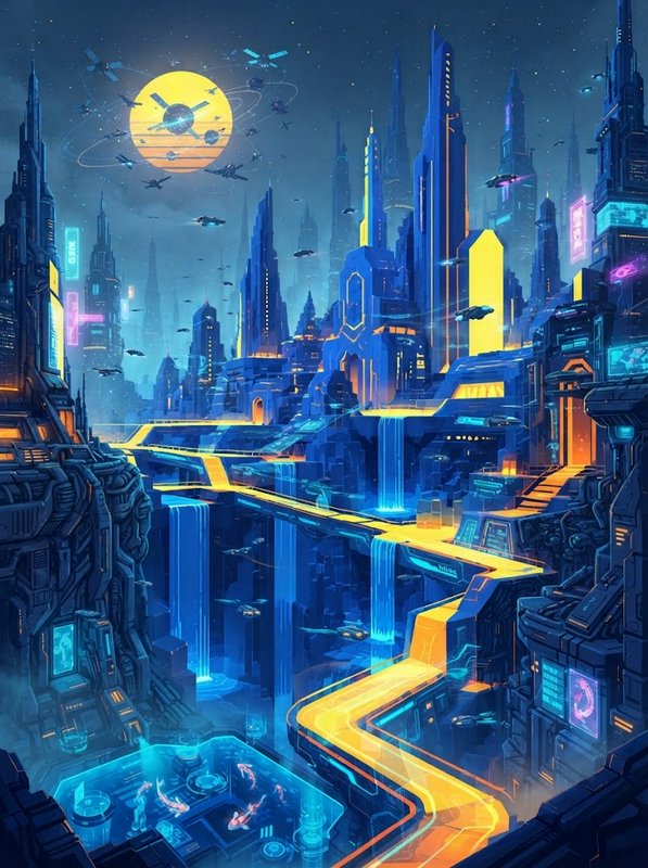 Futuristic cyberpunk metropolis with flying vehicles, neon skyscrapers, and a large ringed alien planet in the night sky