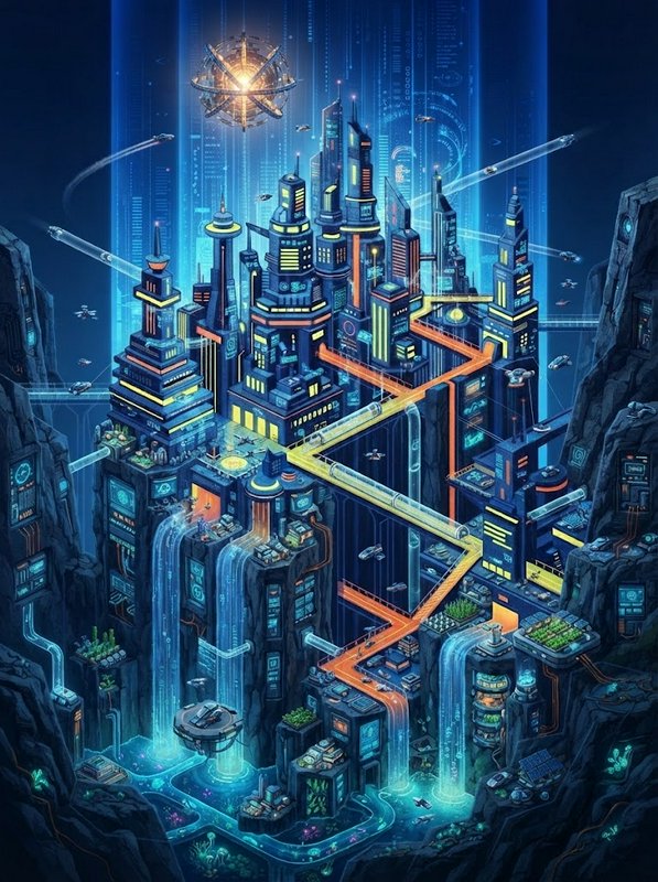 Isometric futuristic cyberpunk city built into rocky cliffs with flying craft and glowing neon accents