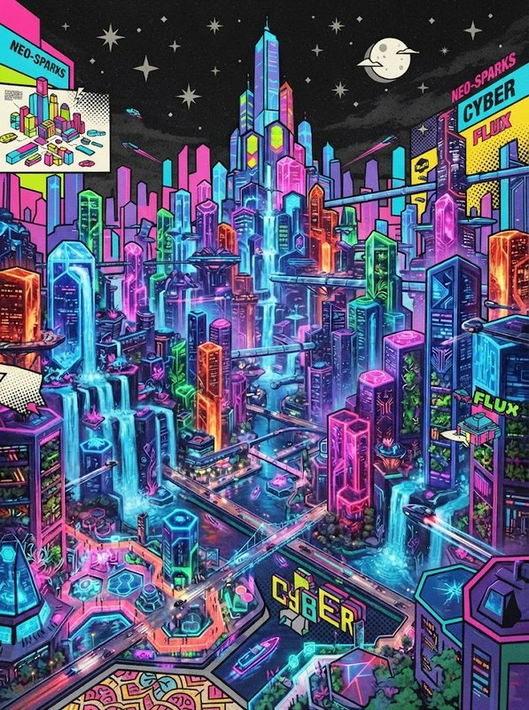 Vibrant comic-style cyberpunk futuristic cityscape glowing with neon lights under a starry night sky