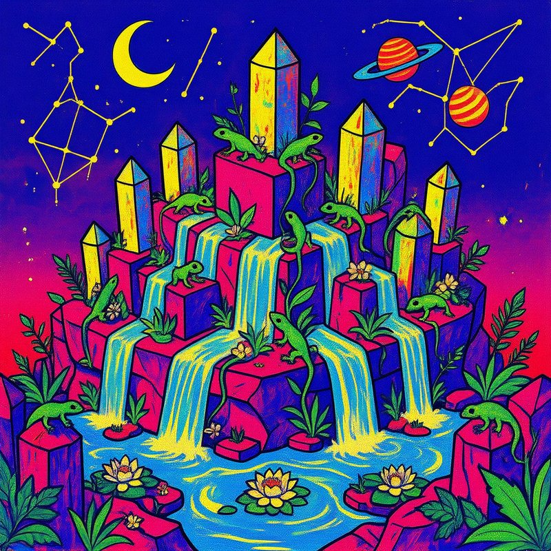 Psychedelic neon landscape with green lizards, crystal towers, waterfalls, and a cosmic night sky