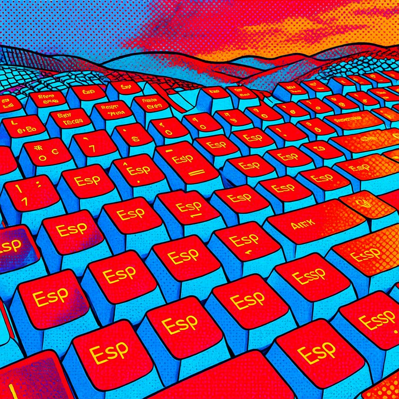Surreal pop art landscape constructed from endless rows of red and blue computer keyboard keys