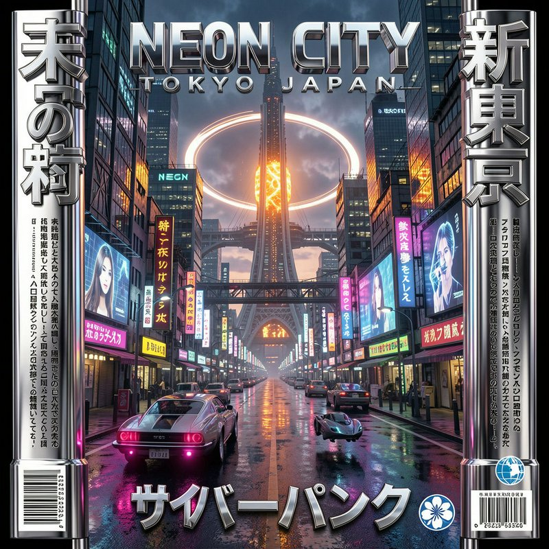 Cyberpunk neon Tokyo cityscape with rain-slicked streets, futuristic cars, and a glowing central spire at dusk