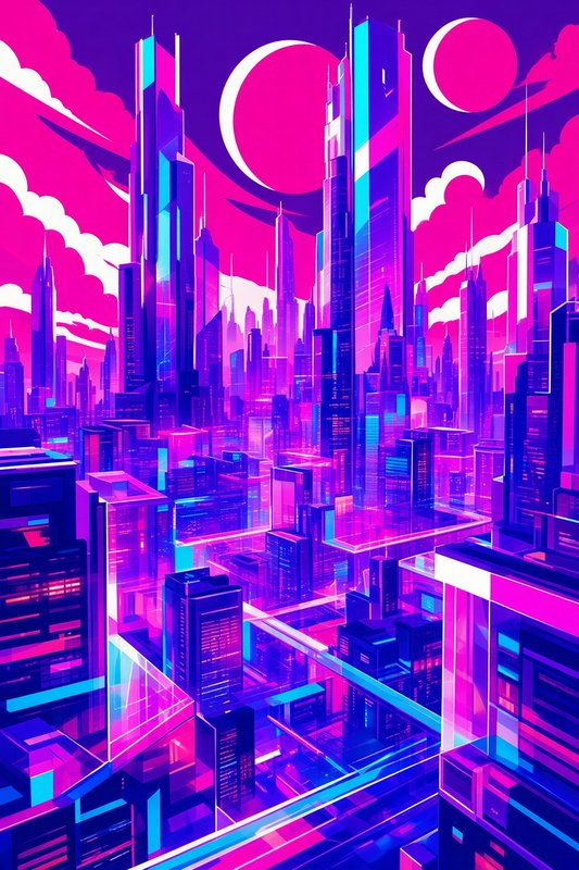 Vibrant neon cyberpunk futuristic city skyline under a purple sky with twin pink crescent moons