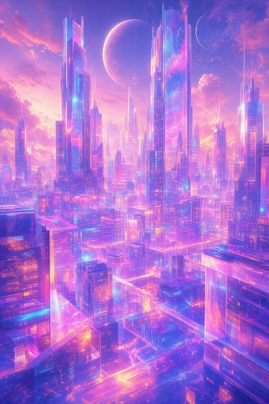 Glowing neon futuristic cyberpunk cityscape with skyscrapers and planets in a pastel twilight sky