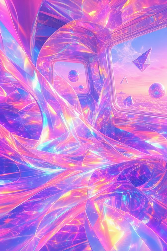 Iridescent crystalline spacecraft interior overlooks a pastel sky with floating glowing geometric shapes