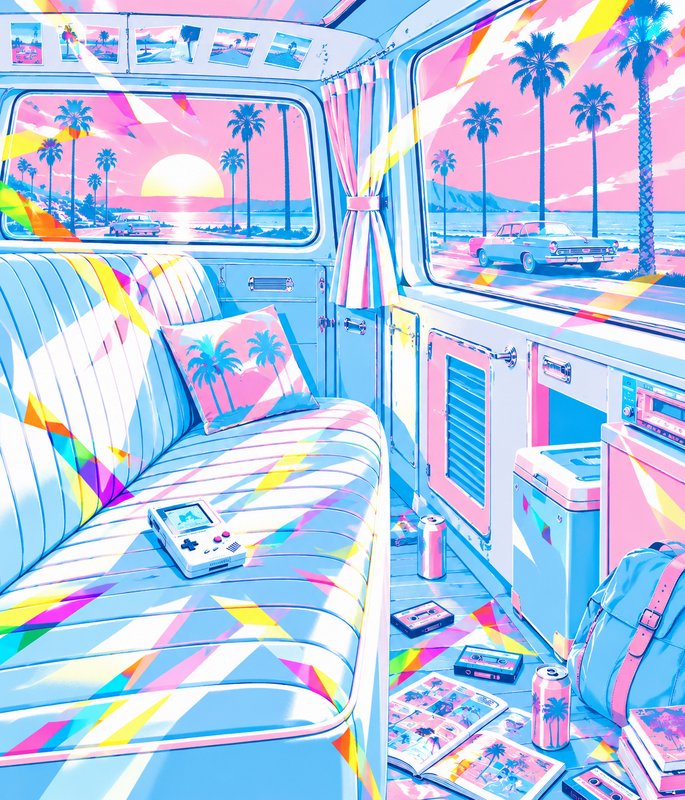 Pastel retro camper van interior with vintage gaming gear overlooking a pink sunset beach lined with palm trees
