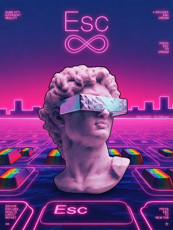 Vaporwave classical marble David bust wearing futuristic iridescent glasses above a glowing neon ESC keyboard landscape