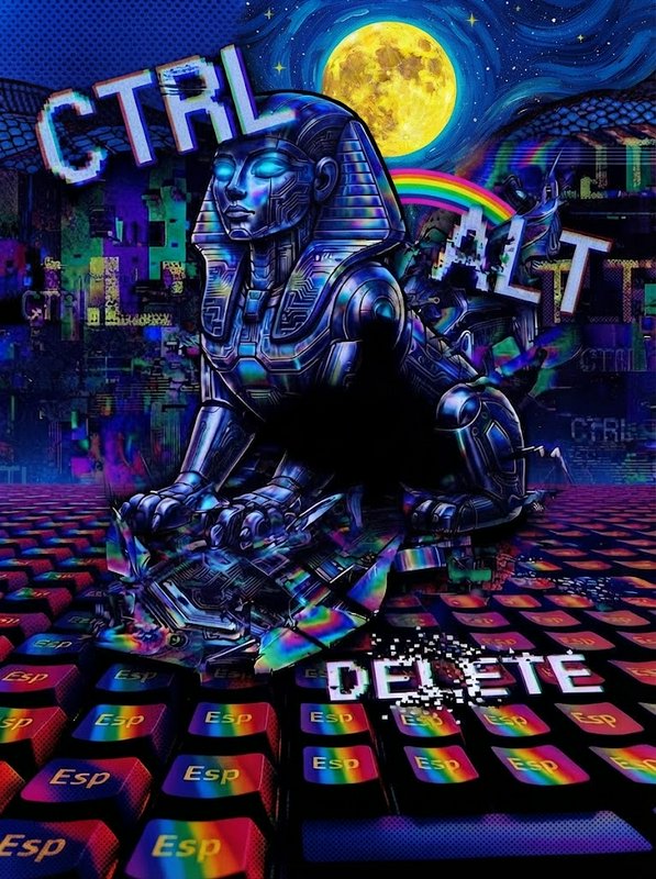 Cybernetic robotic sphinx rests on a rainbow keyboard with glitching CTRL ALT DELETE text under a full moon