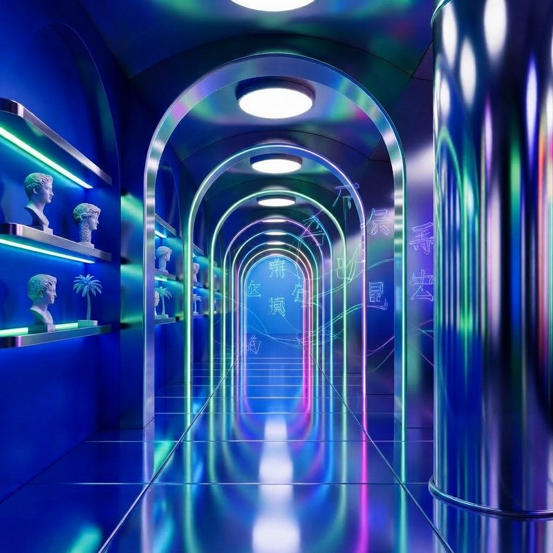 Futuristic neon arched hallway lined with classical marble busts and glossy reflective floors