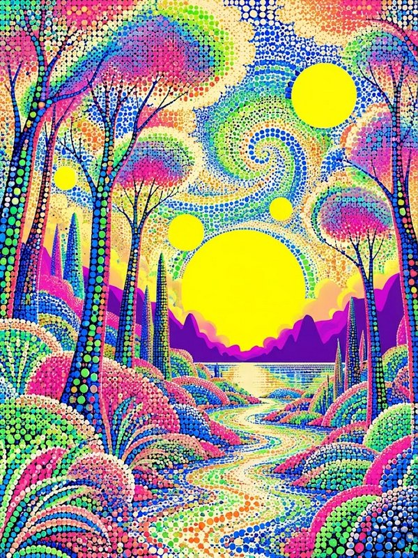 Vibrant pointillist fantasy landscape with a winding path, glowing yellow suns and stylized dotted trees