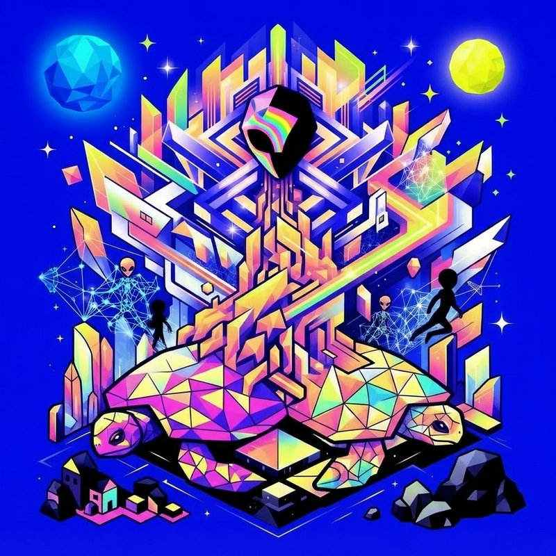 Surreal geometric psychedelic art featuring aliens, crystalline turtles, and a futuristic alien city under twin glowing moons
