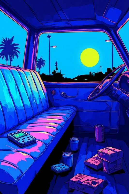 View from inside a retro sedan looking out at bright neon sunset over a silhouetted coastal palm tree skyline