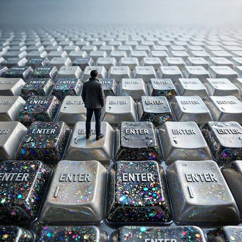 Man in a dark coat standing on an endless field of giant ENTER keyboard keys receding into hazy fog