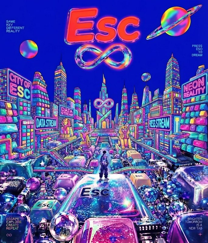 Lone figure standing on a giant ESC key overlooks a vibrant iridescent cyberpunk fantasy city