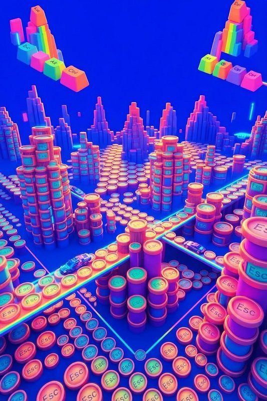 Surreal 3D isometric cityscape built from glowing pastel keyboard keys against a deep neon blue background