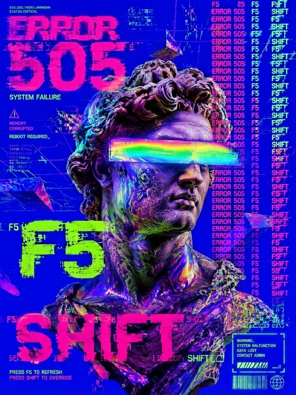 Cyberpunk glitch art of Michelangelo's David bust with glowing rainbow visor and error 505 UI overlays