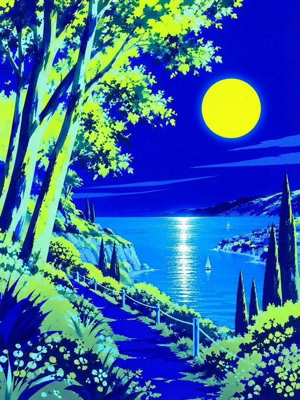 Bright yellow full moon hangs over a stylized cliffside path overlooking a moonlit coastal bay with small sailboats