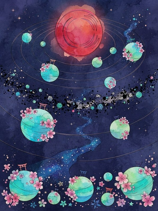 Whimsical watercolor fantasy solar system with cherry blossom covered planets, torii gates, and a glowing red central star