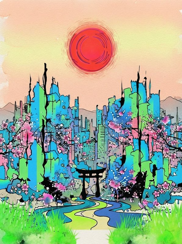 Stylized watercolor illustration of a futuristic Japanese city with torii gate, cherry blossoms and red sun