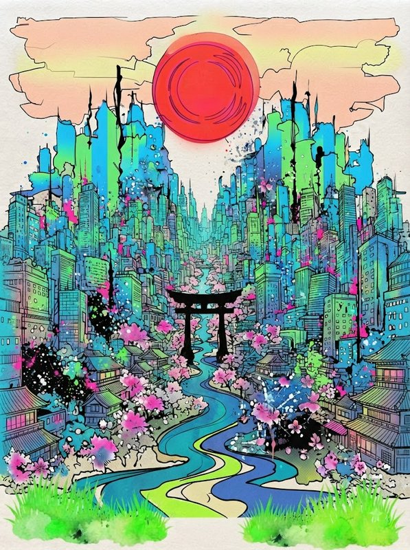 Vibrant stylized futuristic Japanese cityscape with a torii gate, cherry blossoms and large red rising sun