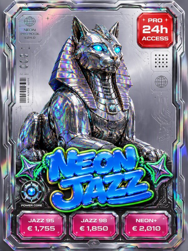 Iridescent chrome robotic sphinx featured on a futuristic Neon Jazz collectible trading card