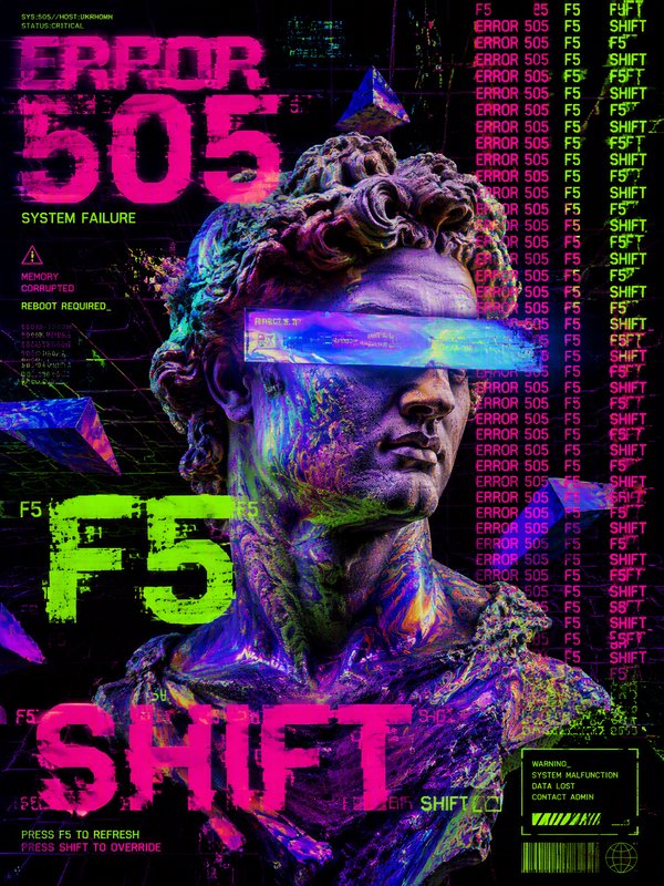 Cyberpunk glitch art of classical David bust with holographic visor surrounded by error 505 system UI text