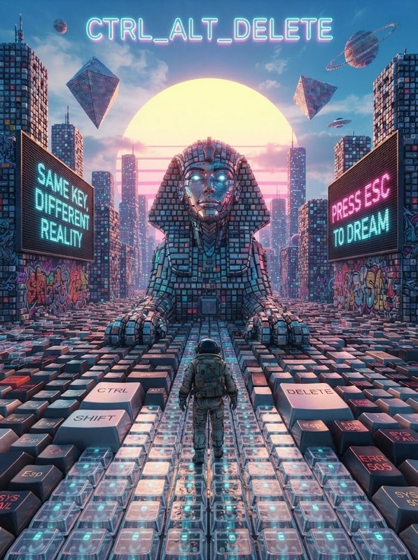 Astronaut stands facing a giant pixelated cyber sphinx in a sprawling keyboard cityscape at neon sunset