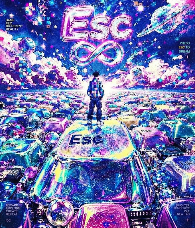 Lone person stands on a giant ESC key overlooking a surreal glowing cosmic keyboard landscape