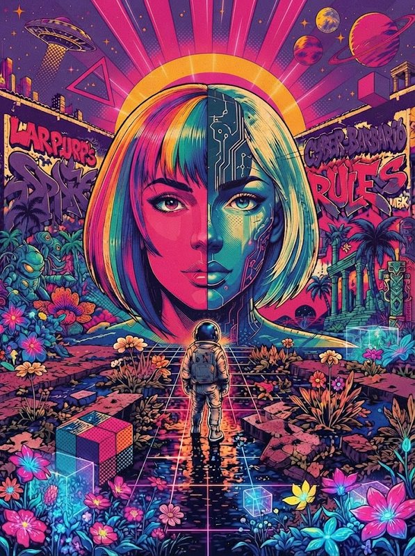 Astronaut stands before a towering split human-cyborg portrait in a vibrant psychedelic cyberpunk alien landscape
