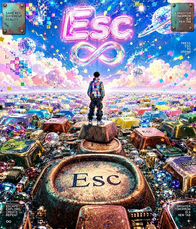 Person standing on a giant ESC keyboard key overlooking a vibrant surreal cosmic digital dreamscape