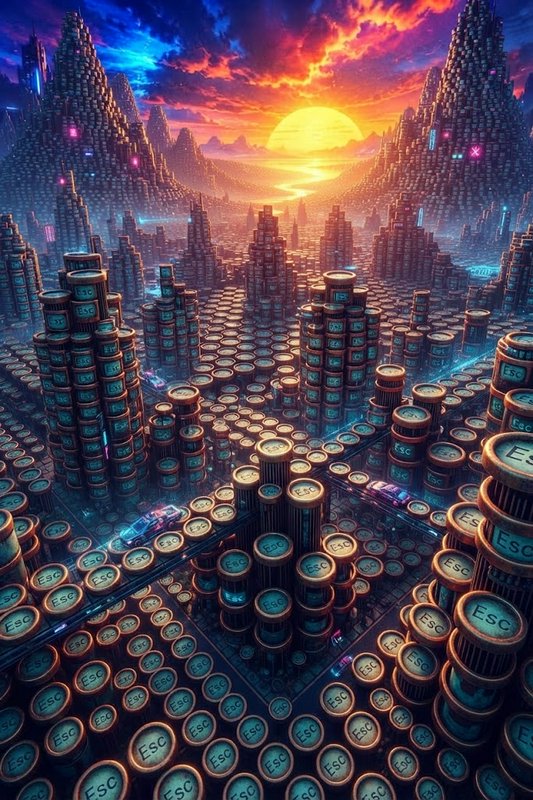 Surreal futuristic metropolis built entirely from giant ESC keyboard keys under a dramatic vibrant sunset