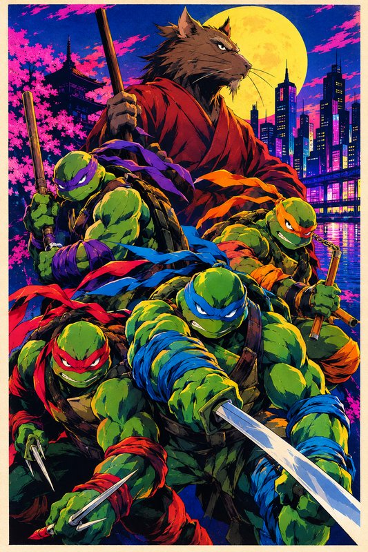 Teenage Mutant Ninja Turtles and Splinter pose ready for action against a neon night city under a full yellow moon