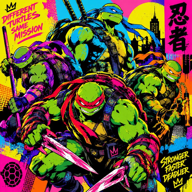 Four Teenage Mutant Ninja Turtles in vibrant neon pop art style pose ready for action against a city skyline