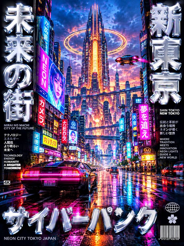Cyberpunk Shin Tokyo cityscape with neon signs, flying cars, a retro sports car, and rain-slicked reflective streets at dusk