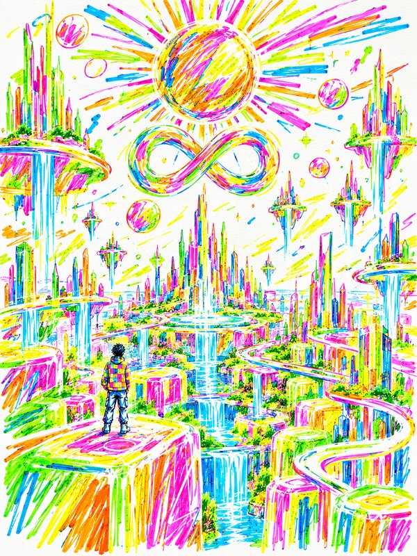 Lone figure stands on a platform overlooking a vibrant neon floating futuristic city under a rainbow infinity symbol and