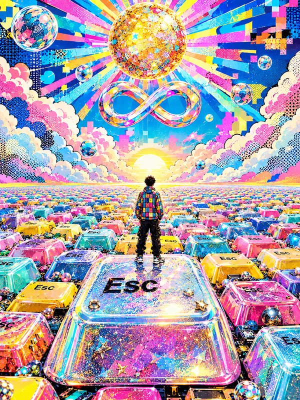 Person stands on a giant glittery ESC key looking out over a surreal pastel fantasy landscape