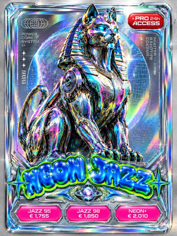 Holographic trading card featuring an iridescent cybernetic robotic Egyptian sphinx character