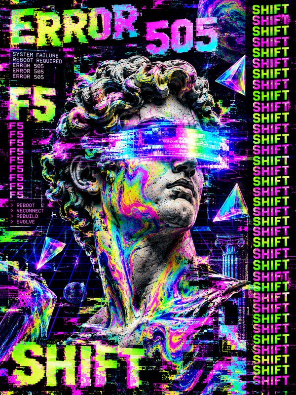 Cyberpunk glitch art of Michelangelo's David bust wearing glowing holographic VR goggles with error code overlays