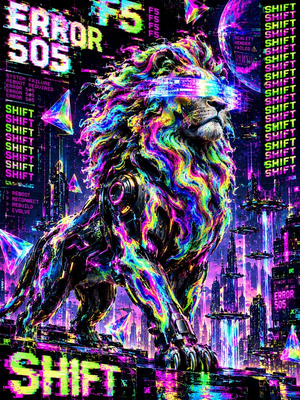 Glitch art cybernetic neon lion with glowing VR visor stands above a futuristic cyberpunk cityscape