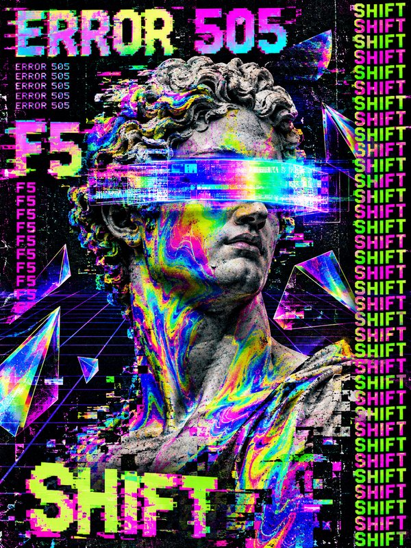 Cyberpunk glitch art of classical marble statue wearing glowing holographic VR visor with error code text overlays