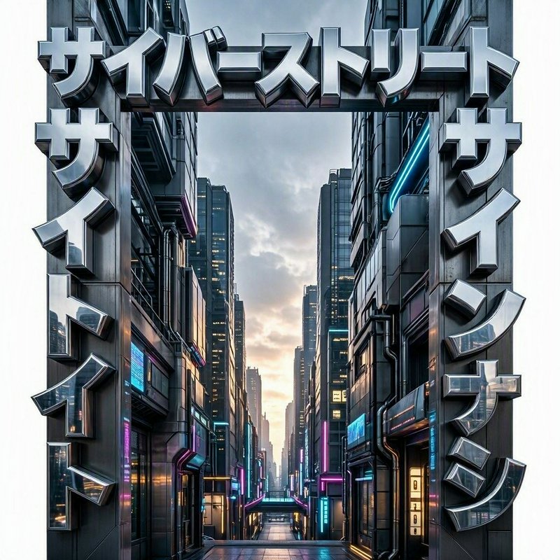 Polished 3D chrome Japanese typography frames a neon-lit cyberpunk city street at dusk