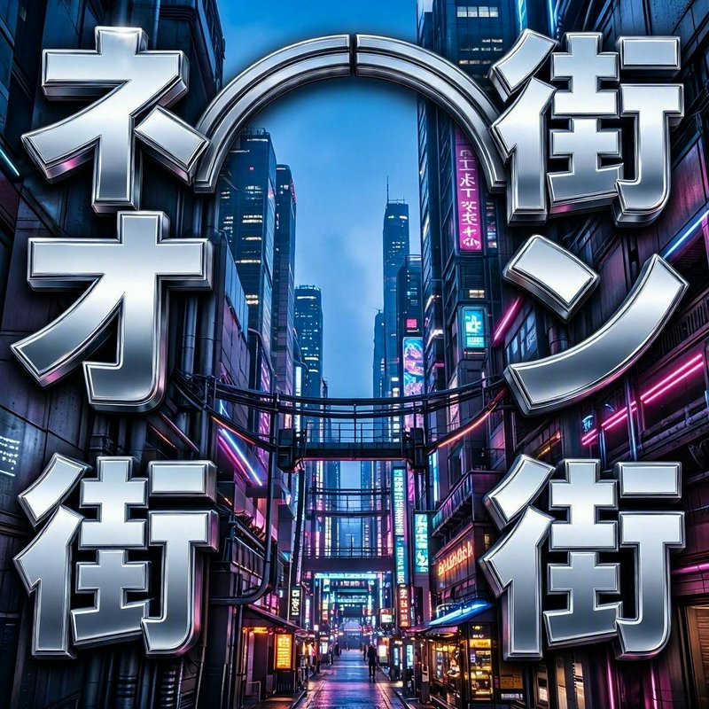 Polished metallic 3D Japanese text frames a neon-lit cyberpunk city street at misty dusk