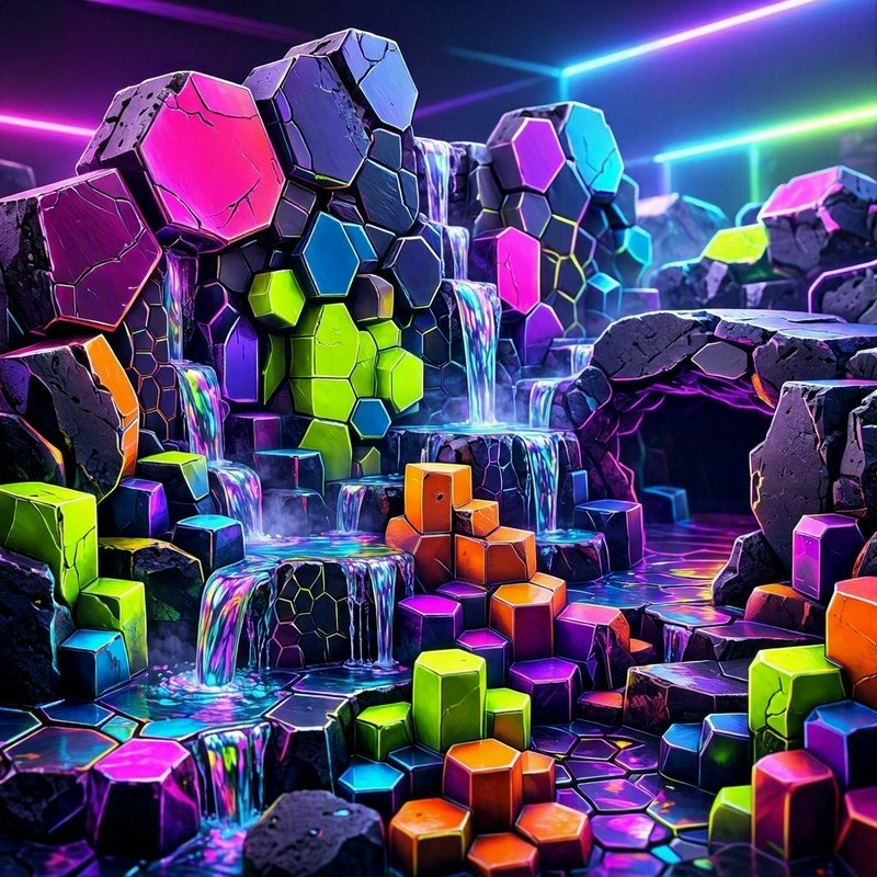 Futuristic neon polygonal crystal cave with cascading iridescent waterfalls and glowing geometric formations