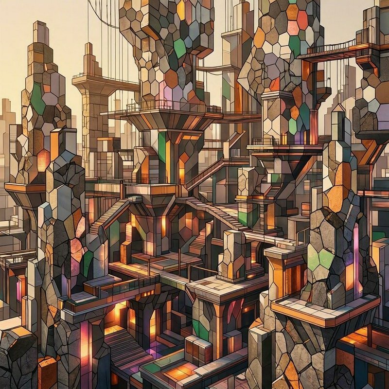 Stained-glass style futuristic cityscape of towering interconnected crystalline skyscrapers