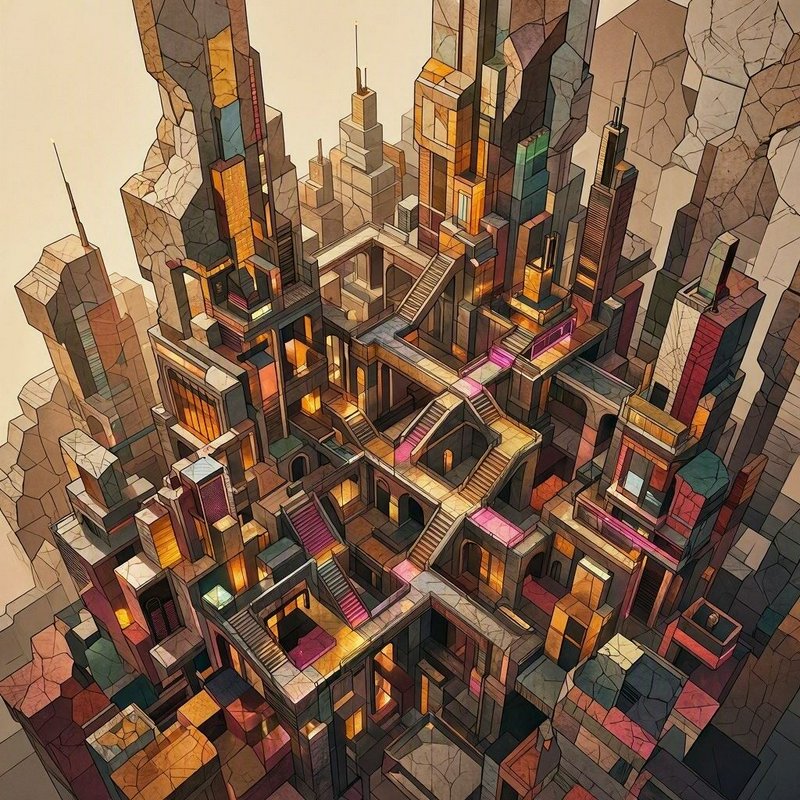 Stained glass style isometric fantasy cityscape with stacked skyscrapers and winding staircases